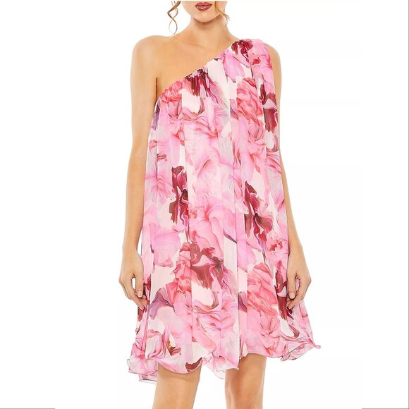 Mac Duggal Floral One Shoulder Flowy Mini DRESS Size 2 XS Pink Chiffon NEW $398 - Picture 5 of 15